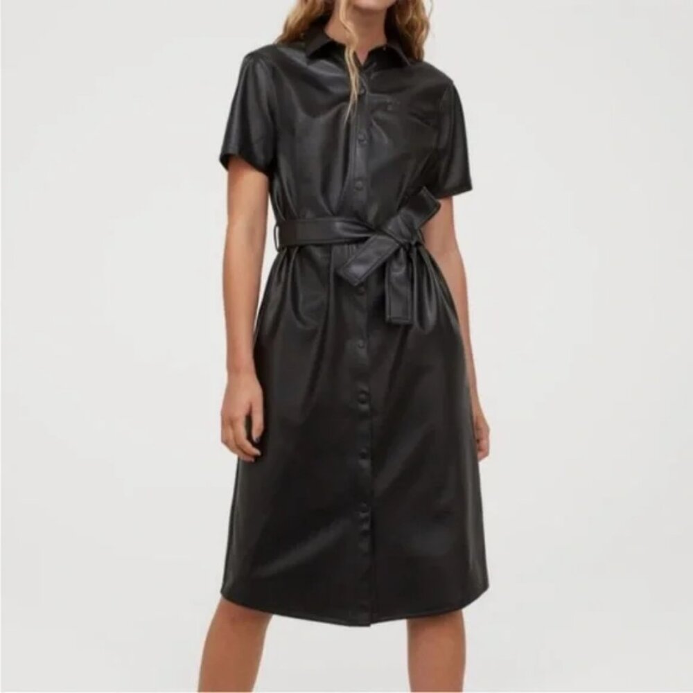 H&M Divided Black Faux Leather Belted Shirt Dress